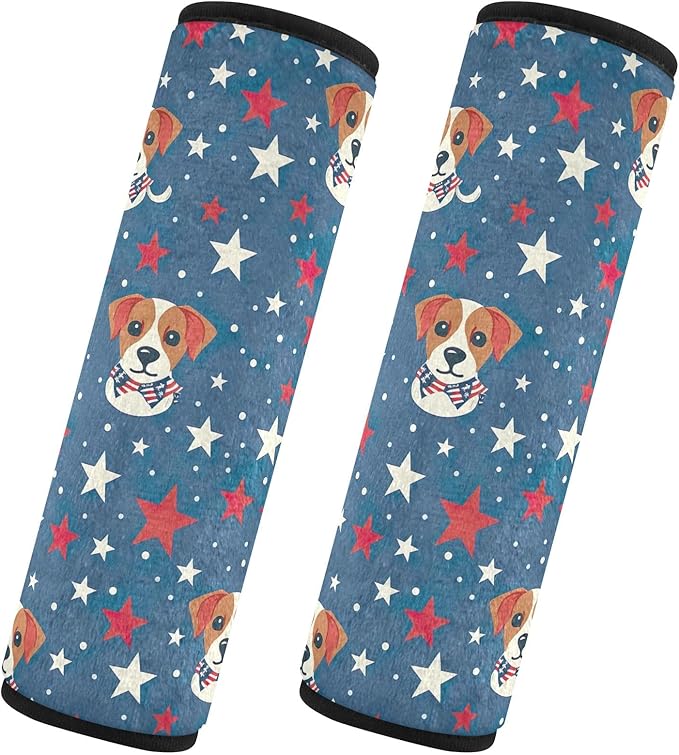 CHIFIGNO Happy 4th of July Cartoon Dog and Stars Seat Belt Covers 2 Pack Comfortable Seatbelt Cushion Shoulder Strap Pad for Car Bag