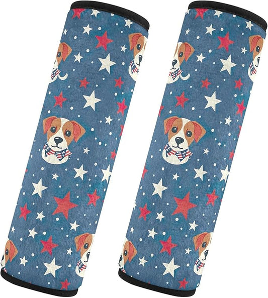 CHIFIGNO Happy 4th of July Cartoon Dog and Stars Seat Belt Covers 2 Pack Comfortable Seatbelt Cushion Shoulder Strap Pad for Car Bag