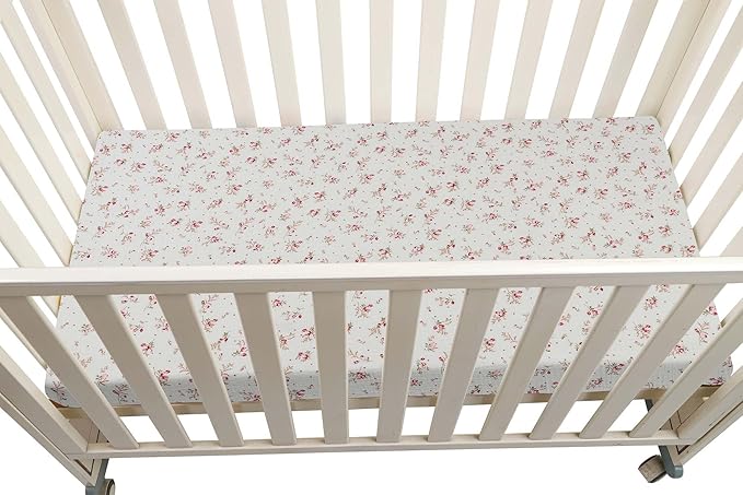 Onacosht Muslin Mini Crib Sheets, 39" x 27" Pack and Play Mattress Sheets Fitted for Pack N Play, Soft Cotton for Boys Girls, 2 Pack, Pink Blossom