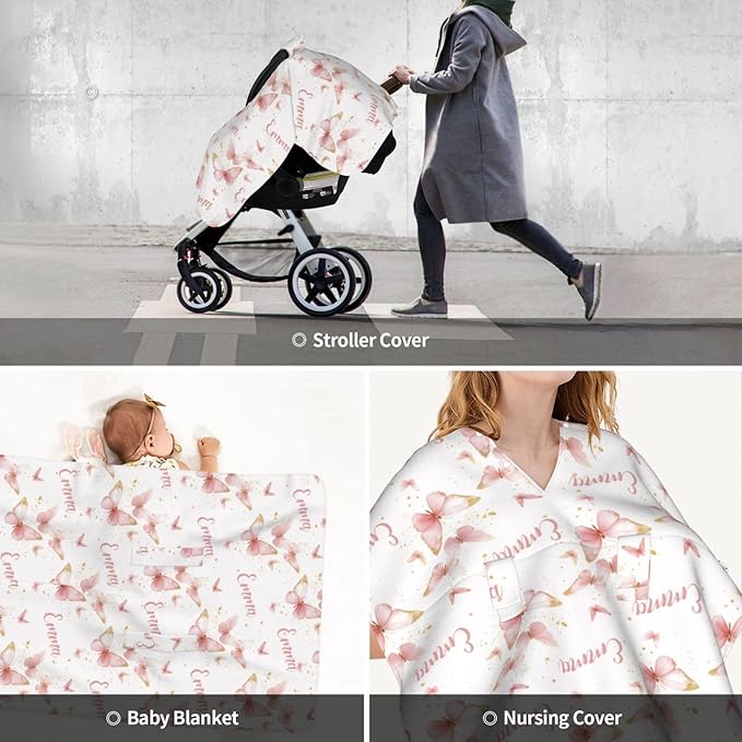 Personalized Pink Butterfly Baby Car Seat Canopy for Girls – Custom Name Minky Nursing Cover, Infant Carseat Canopy, Opening Breastfeeding Stroller Cover for Newborn Baby Gift