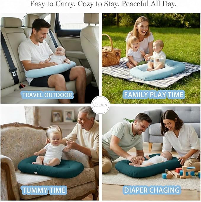 Baby Lounger for Newborn,Baby Play Mat Soft Cotton for Playtime & Sitting,Flat Babies Essentials Gifts Awake-Time for Boys & Girls 0-12 Months Home Travel(Peacock Green)