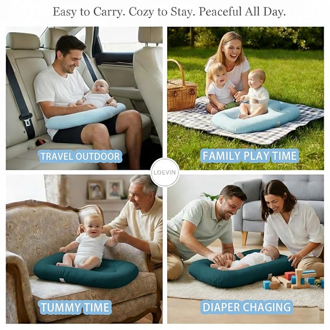 Baby Lounger for Newborn 0-24 Months, Soft Portable Infant Nest & Play Mat & Diaper Changing Pad for Home,Travel & Floor Time, Newborn Babies Essentials Gifts(Misty Blue)