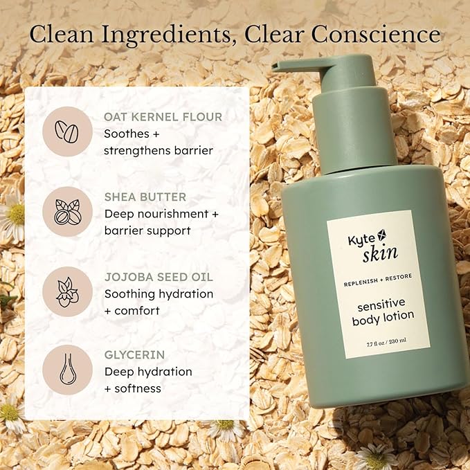 KYTE BABY - Kyte Skin Sensitive Lotion, Fragrance - Free, Hypoallergenic, with Shea Butter, Oats, Jojoba Oil, for Dry, Irritated, Eczema - Prone Skin, Safe for Babies, Kids and Adults