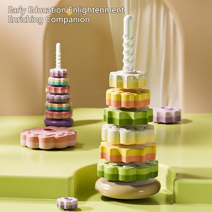 Stacking Toys for Toddlers 1-3,Montessor Spinning Stacker Toy,Ring Stacker Toys,Sit and Spin Sensory & Autism Fine Motor Skills for Babies 6-12 Months, 16-Inch，Rotating Tower Toy