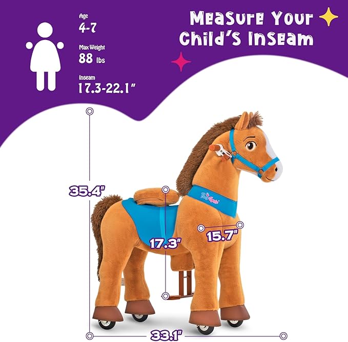 PonyCycle Ride on Horse Toys for Kids Riding Brown Horse Rocking Horse Essential Model E (with Brake/ 35.4" Height/Size 4) Ride-on Pony Giddy up Walking Mechanical Pony Plush Animal with Wheels E437