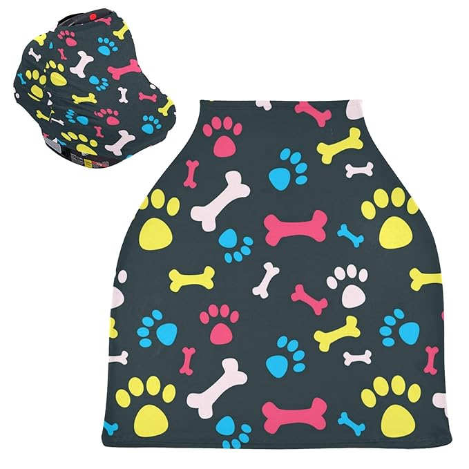 Colorful Dog Paw Print Bone Pet Animal Design Stretchy Baby Car Seat Cover Infant Canopy Nursing Covers Breastfeeding Cover Breathable Windproof Winter Scarf for Boys Girls