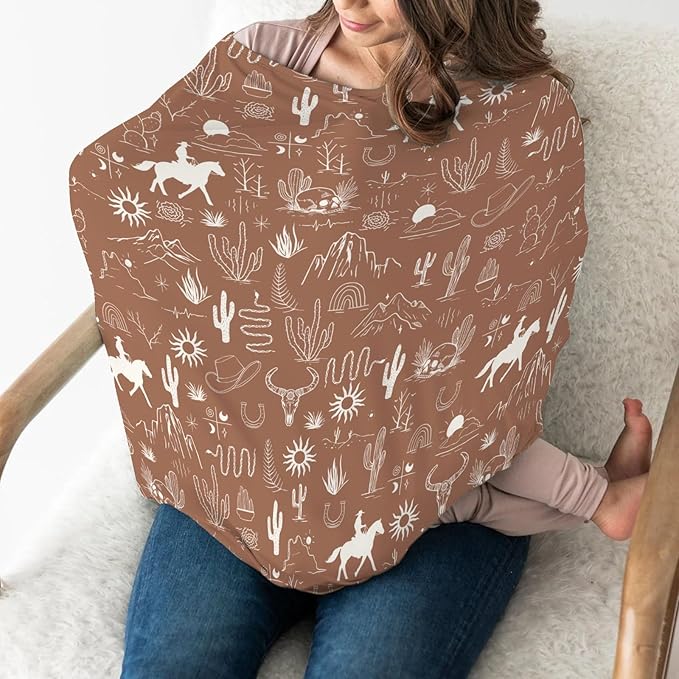 Western Cowboy Car Seat Cover for Babies Wild West Cactus Mountain Snake Cattle Skull Sun Stretchy 5-in-1 Covers Adjustable Car Canopy Breastfeeding Cover Desert Adventure Breathable Nursing Cover-Up