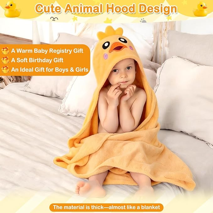 Flasoo 4 Pcs Toddler Bath Towel Set, 1 Pc Toddler Hooded Towel & 3 Pcs Baby Washcloths, Large 27.5"X55" Hooded Towels Kids, Absorbent Soft Thick Toddler Towels for Boy Girl 0-5 Year (Yellow Duck)