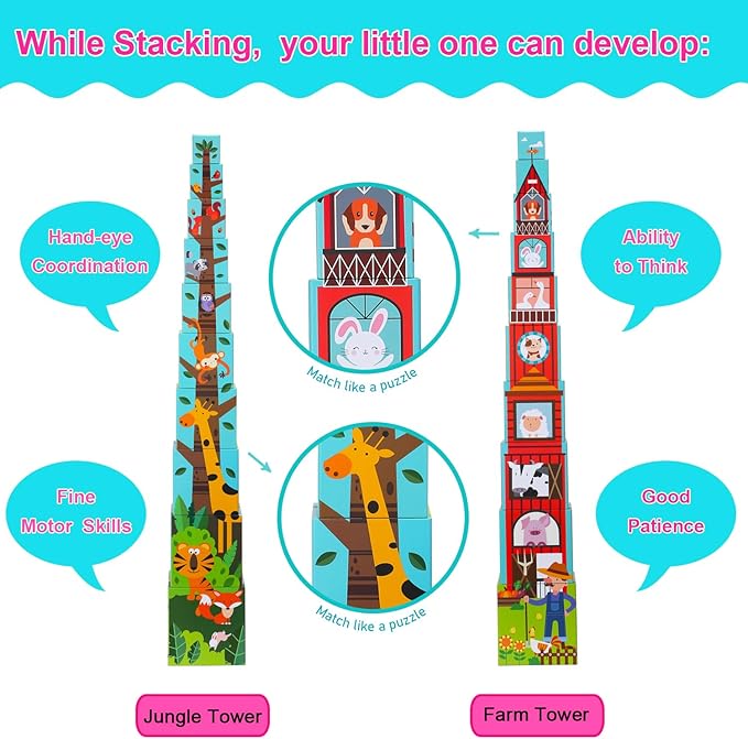 10 Pcs Nesting and Stacking Blocks for Toddlers 1-3 - Cardboard Stacking Cubes with ABC & Numbers - Montessori Educational Learning Toy - Sturdy Toddler Tower Building Set for Kids