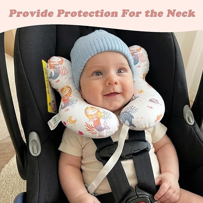 Baby Travel Pillow for Car Seat and Stroller, Soft Reversible Comfort Pillow, U-Shape Seat Accessory for Toddler, Mermaid Design