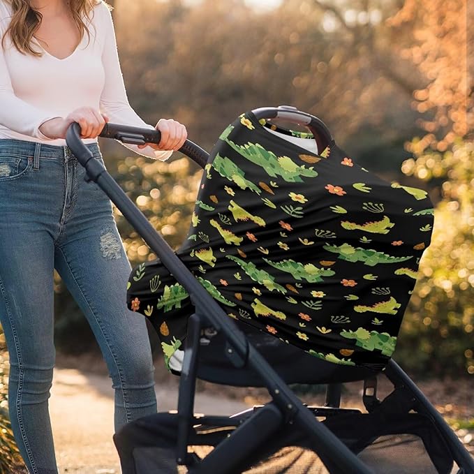 Biyejit Green Dinosaur Baby Multi-Use Cover - Nursing Cover, Baby Car Seat Covers, Shopping Cart, High Chair, and Breastfeeding Cover - Ultra-Soft, Stretchy, Floral Scarf for Baby and Mom