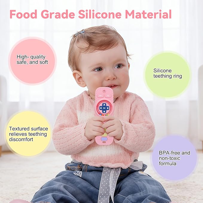 MISSLILI Teething Toy for Babies 3-6-12 Months, Silicone Baby Rattles Teether, Teething Relief Infant Toddles TV Remote Control Teether for 0-24 Months, Pink