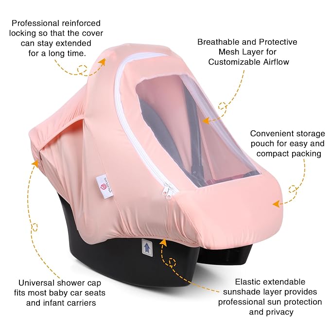 Metplus Car Seat Cover Baby Girl, Breathable Mesh Window Infant Carseat Canopy, Summer Stroller Sunshade Net for Airflow & Privacy, Stretchy Universal Fit (Pink)