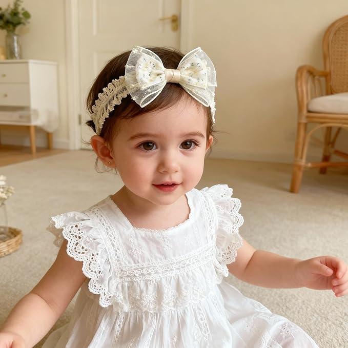 Handmade Baby Girl Headbands in Beige Baby Bows and Floral Lace Headband Bows for Newborns and Toddlers Cute Baby Girl Bows and Newborn Headband Bows