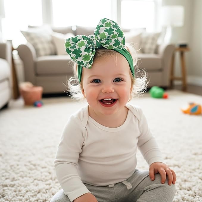 Baby Girl Bows Newborn Headband 0-6 Months Infant Big Bows for Birthday/Baby Shower/Photography/Baby Gifts (Green & four-leaf clover)