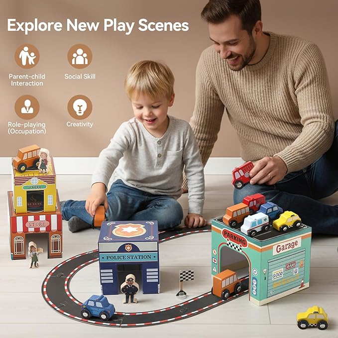 3-in-1 Sorting and Stacking Toys for Toddlers | Wooden Community Helpers, Nesting Boxes & Vehicle Track | Montessori Preschool Learning Toys Gift for 2 3 4 Year Old Boys Girls