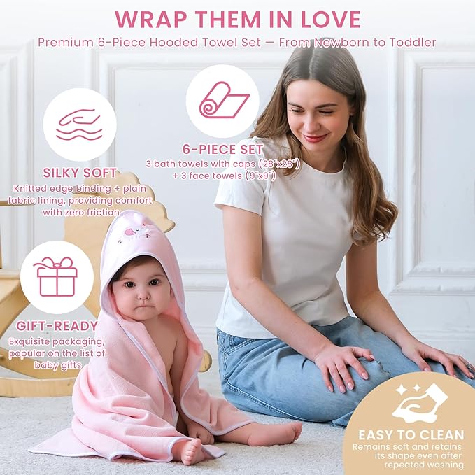 Softan Baby Hooded Towels and Washcloths Set 6 Pack, 28x28 Ultra Soft & Absorbent Baby Bath Towels for Newborn Infant Toddler, Unisex Boys Girls (Pink Elephant)