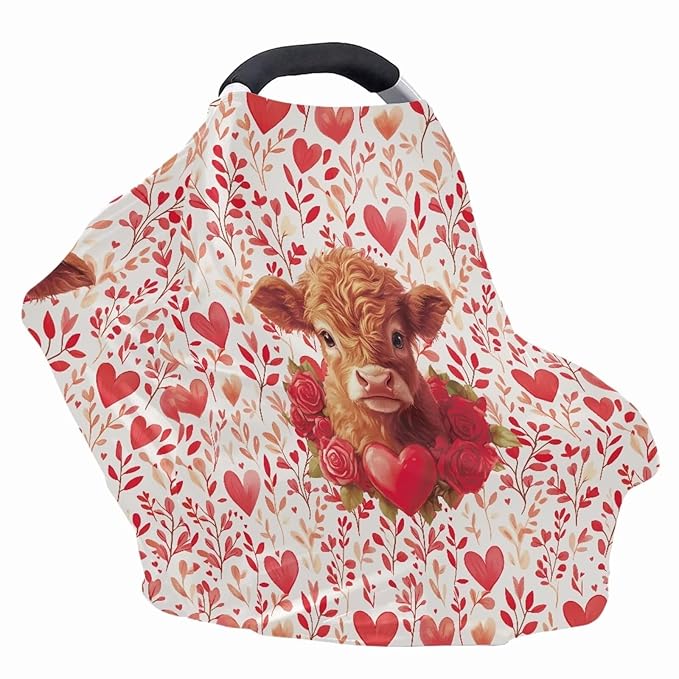 Wanyint Nursing Cover Carseat Canopy Cover Adorable Car Seat Covers for Babies Girls Boys Breathable Nursing Cover for Boys Girls for Valentine's Day Decor, Highland Cow Heart Leaf