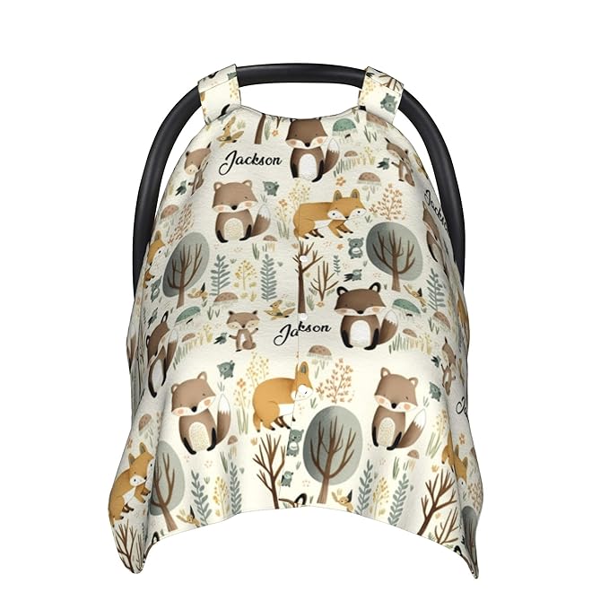 Personalized Winter Carseat Cover for Baby Custom Name Car Seat Canopy for Newborn Baby Boys Girls 2 in 1 Mom Nursing Breastfeeding Covers Woodland Minky Baby Carrier Stroller Covers