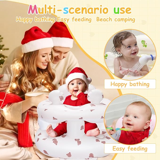 Inflatable Baby Seat for Babies 3-36 Months，[Squeaky Sound & Anti-Fall Design] Inflatable Chair with Sound-Making Ears, Baby Seat for Sitting-Up Practice, Built-in Air Pump (Ear Bear)