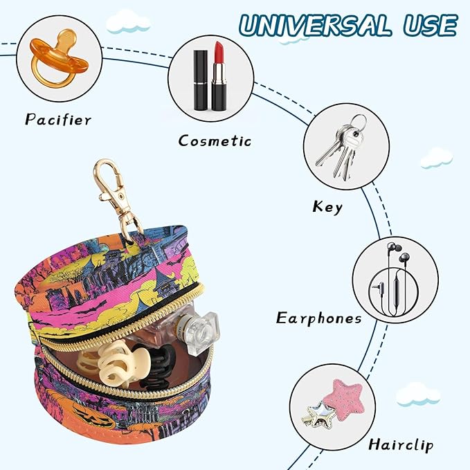 Pacifier Holder with Clip Pacifier Case for Diaper Bag Round Baby Pacifier Pouch Box Bag Portable Halloween Castle Bats Pumpkins Pink (1)