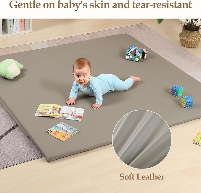MOMCAYWEX 50"x50" Premium Baby Play Mat, Memory Foam with Wipe-Clean Leather Cover, Non-Slip & Machine Washable Floor Mat for Tummy Time, Crawling and Family Bonding Time, Grey