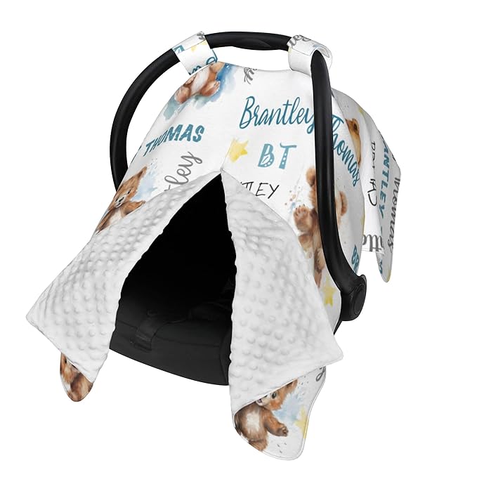 Personalized Baby Car Seat Cover Winter Custom Minky Carseat Cover Boy Girls with Name Bear Carseat Canopy Customized Car Seat Canopy Infant Carrier Covers Nursing Cover Toddler Blanket