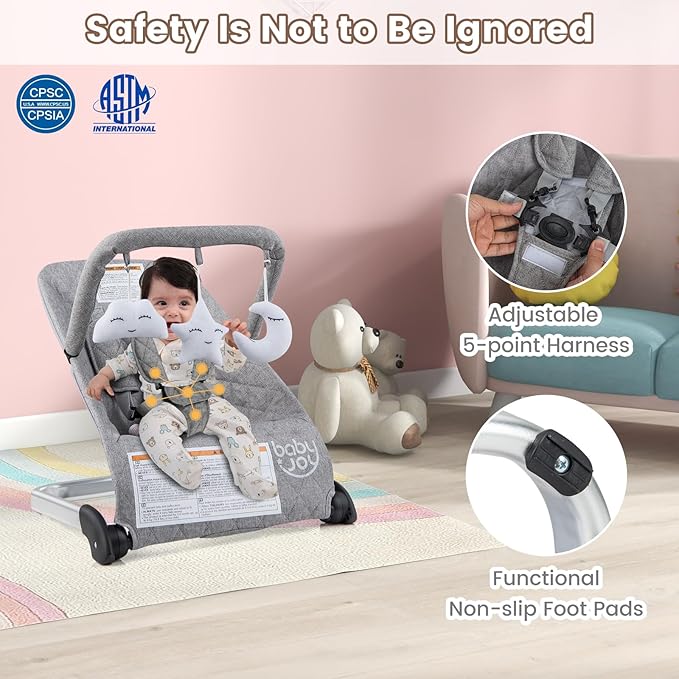 BABY JOY Baby Bouncer, Foldable Baby Bouncer Seat with 5-Point Safety Harness, Removable Fabric Cover & 3 Plush Hangings, Portable Infant Bouncer for Babies 0-6 Months (Light Grey)