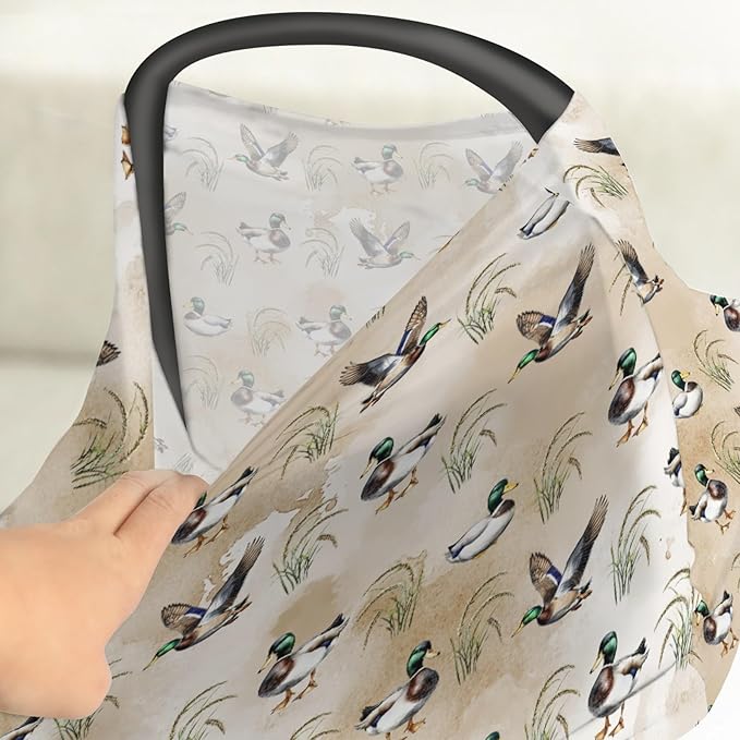 Vintage Mallard Duck Baby Car Seat Covers Green Ducks Lake Stretchy 5-in-1 Cover Adjustable Infant Carseat Cover Canopy Hunting Ducks Breathable Nursing Cover-Up