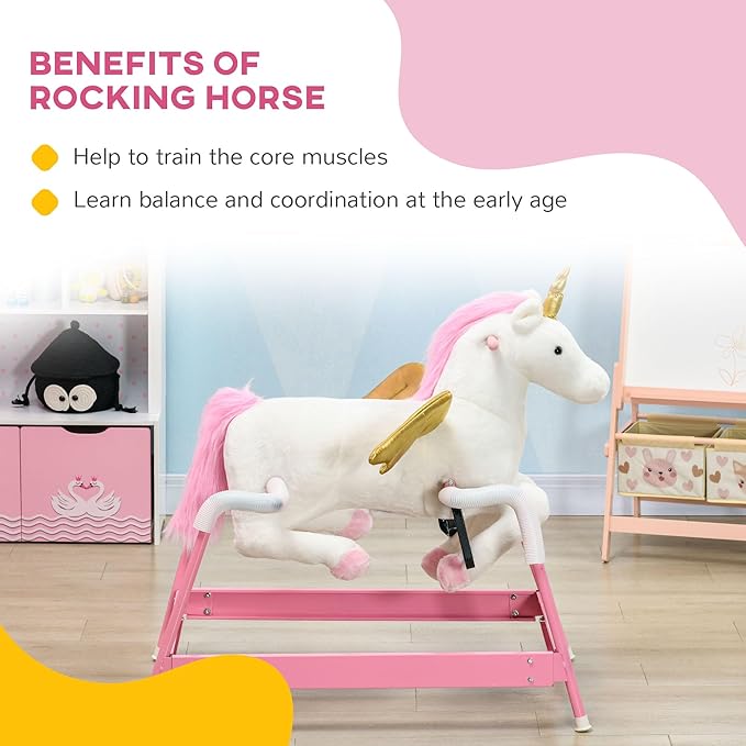 Qaba Kids Spring Rocking Horse Unicon, Ride on Horse for Girls and Boys with Animal Sounds, Plush Animal Ride-on Toy with Soft Feel, Interactive Toy for Kids, Pink