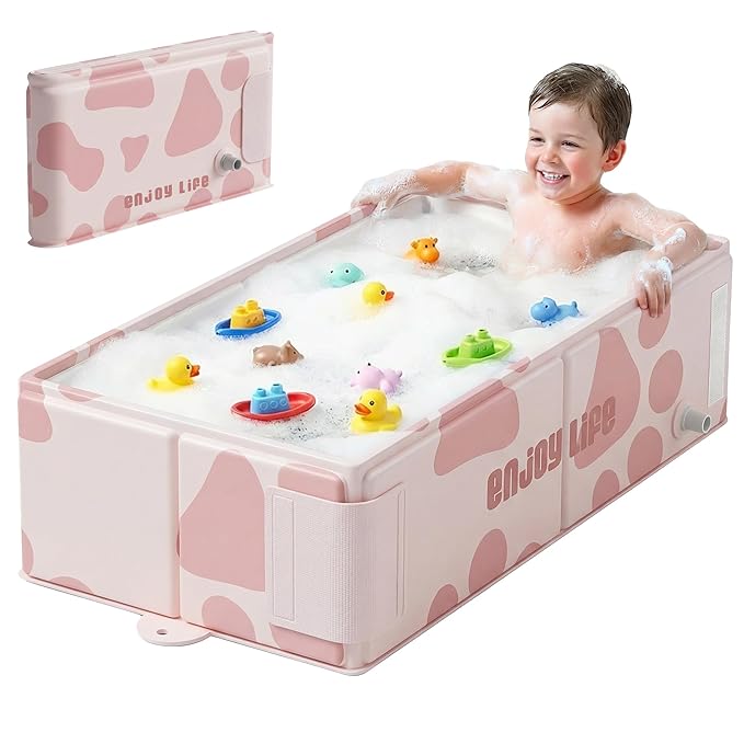 Collapsible Baby Bathtub for Newborn to Toddler, Foldable Toddler Bathtub with Drain Plug, Non-Slip Portable Infant Bath Tub for Travel Storage Outdoor Use, Milk Beige Pink