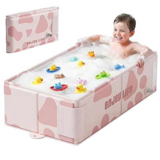 Collapsible Baby Bathtub for Newborn to Toddler, Foldable Toddler Bathtub with Drain Plug, Non-Slip Portable Infant Bath Tub for Travel Storage Outdoor Use, Milk Beige Pink