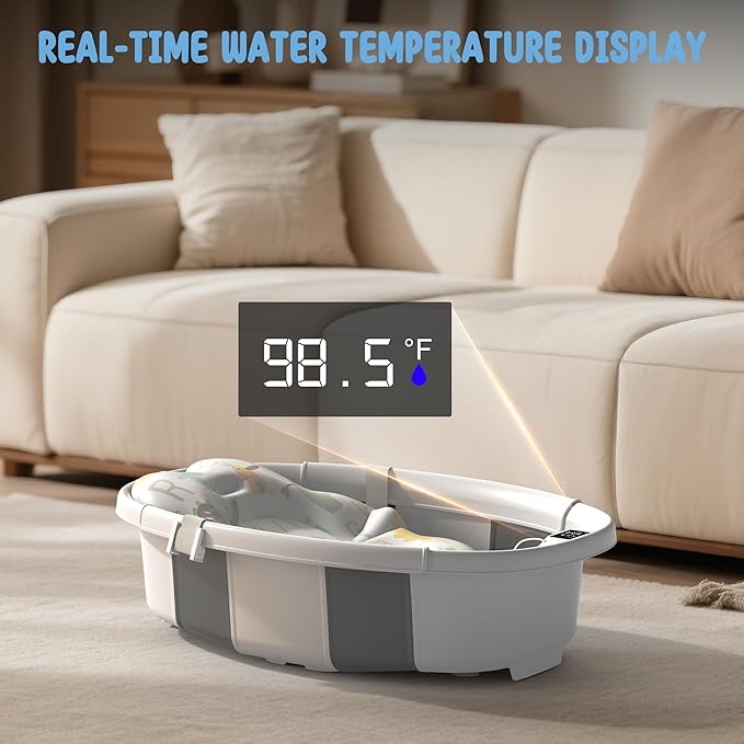 TOSGN Collapsible Baby Bathtub, 3s to Install, Baby Bath Tub with Soft Cushion & Thermometer, 0-36 Months Newborn Bathtub, Portable Travel Baby Tub, Grey
