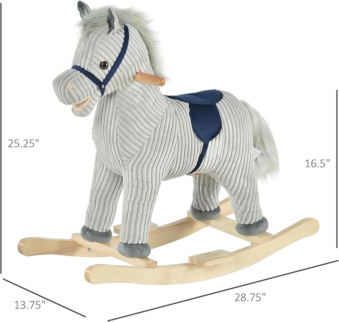 Qaba Kids Rocking Horse for Toddler 3-5, Plush Ride on Horse Wooden Rocker with Realistic Sounds, Gray