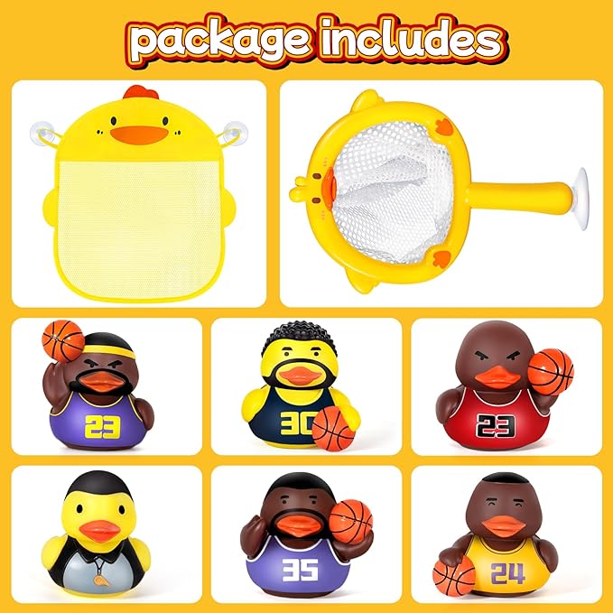 No Hole Bath Toys for Kids Ages 1-3, Sealed Bath Toys Design Keeps Water Out, Basketball Rubber Duck, Baby & Toddler Bathtub Toys(with Storage and Net)