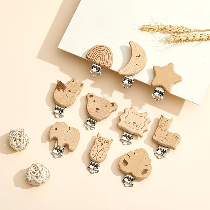 Boao 10 Pcs Wood Pacifier Clips Toy Suspender Clips Charm DIY Pacifier Holder for Baby Toddler Teething Grasping Accessory (Cute)