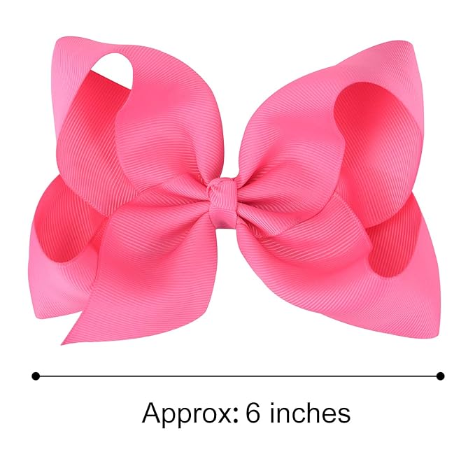 DEEKA 2 PCS 6" Big Hand-made Grosgrain Ribbon Solid Color Hair Bows Alligator Clips Hair Accessories for Little Teen Toddler Girls Kids Set of 2 -Hot Pink