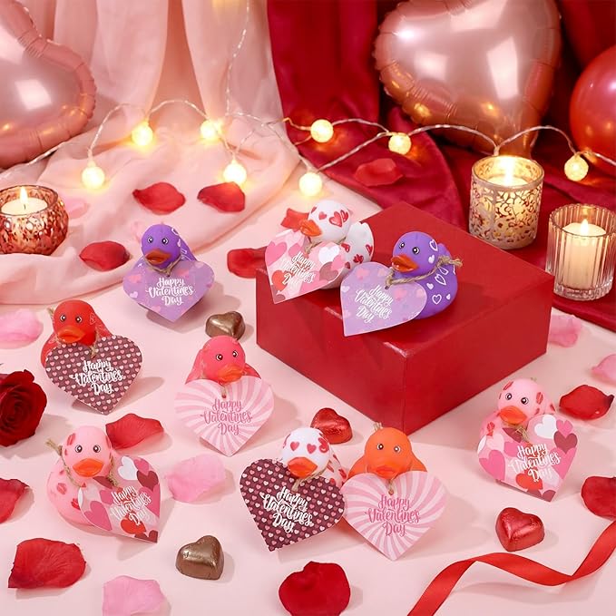 Jerify 24 Pcs 2 Inch Valentines Ducks for Kids Classroom Exchange Gifts Valentine's Day Rubber Ducks with Gifts Cards Mini Heart Rubber Duckies Valentines Party Favors Toys, 6 Styles (Popularity)