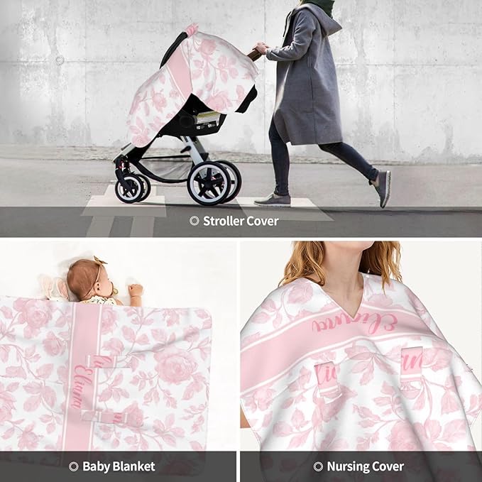 Custom Baby Car Seat Cover with Name – Personalized Pink Floral Nursing Cover, Infant Carseat Canopy, Shopping Cart Cover – Soft, Breathable & Warm – Ideal Shower Gift for Baby Girls