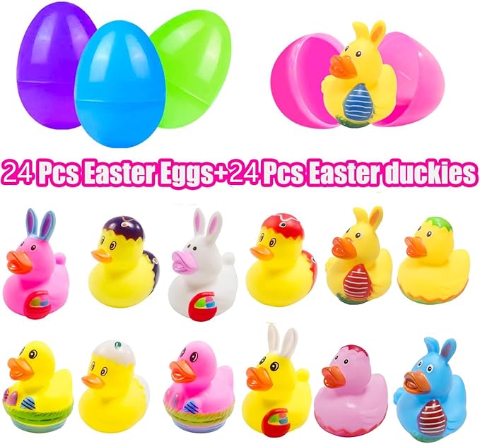 24 Pcs Prefilled Easter Eggs with Bunny Duckies,Bright Colorful Easter Eggs Prefilled with Variety Duckies for Fun Bath Bunny Duckies, Easter Basket Stuffers and Bathtub Toys Party Favors