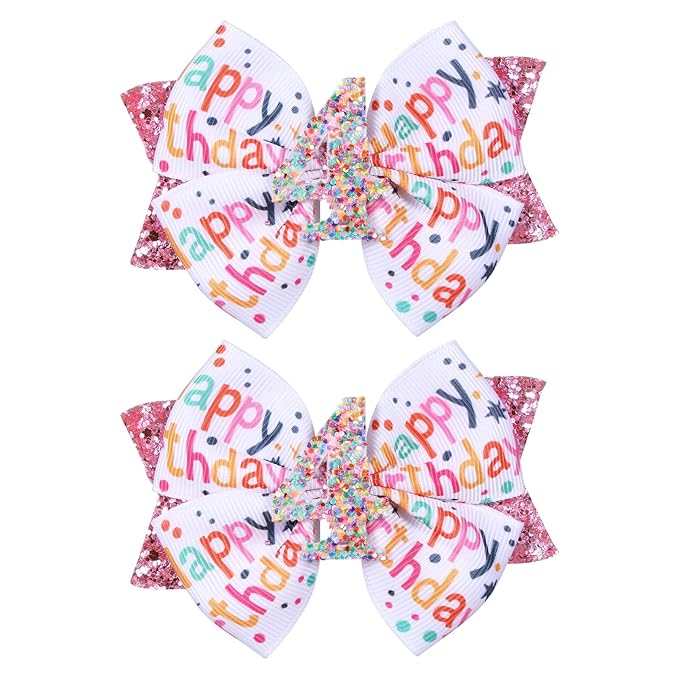 4" Glitter Happy Birthday Hair Bow Clips for Girls Ages 1-6, Pink Ribbon Cheer Bow Barrettes Alligator Hairpins, Confetti Ice Cream Party Dress Accessories, Her 4th Birthday Gift