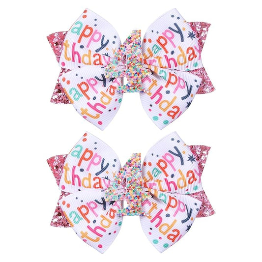 4" Glitter Happy Birthday Hair Bow Clips for Girls Ages 1-6, Pink Ribbon Cheer Bow Barrettes Alligator Hairpins, Confetti Ice Cream Party Dress Accessories, Her 4th Birthday Gift