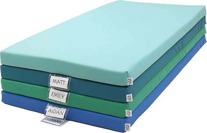 FDP SoftScape Sleepy Time Children's Non-Folding Foam Rest Nap Mat with Non-Slip Bottom for Home, Daycares, Classrooms, 2 inch Thick with Name Tag Holder (4-Pack)