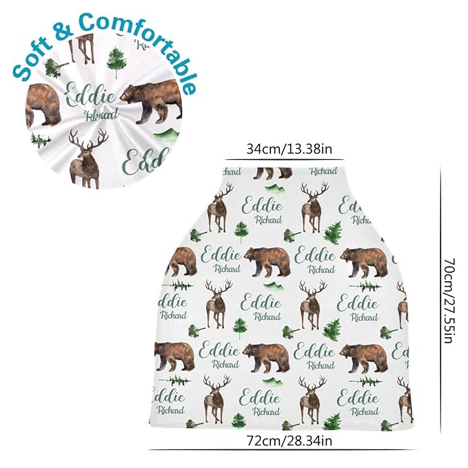 Personalized Baby Car Seat Cover for Boy Girl, Custom Woodland Deer Bear Nursing Covers for Breastfeeding with Name, Infant Stroller Cover, Baby Carseat Canopy for Newborn, Multiuse Car Seat Canopies