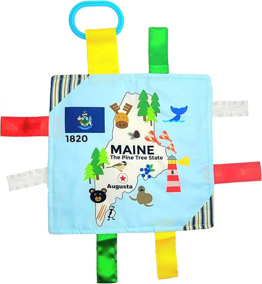 Baby Jack & Co 8x8” Learning Lovey Maine State Tag Stroller Toy for Babies - Crinkle Toys for Developing Five Senses - Learn About Capitals - Travel with Baby Jack - BPA Free Clip
