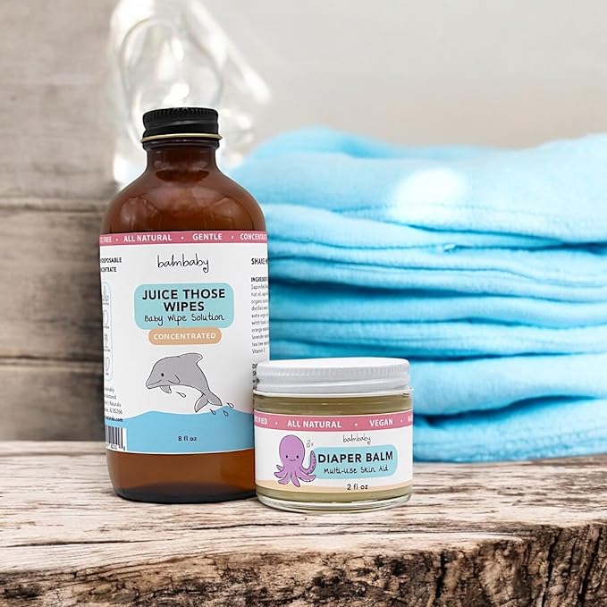 BALM! Baby Juice Those Wipes and Diaper Balm - Baby Wipes Concentrated Solution + Baby Diaper Rash Balm - All Natural for Cloth or Disposable - Cloth Safe - Plastic Free - Glass Containers