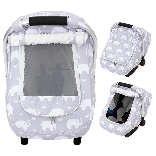 Car Seat Cover Baby, Mink Dot Infant Car Seat Cover for Outdoor, Breathable Carseat Cover with Mesh Peep Window & Sun Shade for Summer, Easy Access Baby Carrier Canopy Snug Fit Stroller