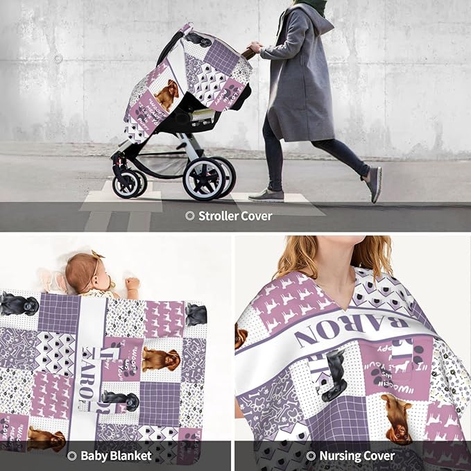 Personalized Minky Car Seat Canopy for Girl Boy, Custom Name Stroller Car Seat Covers Cover for Infant Newborn Shower Gift, Nursing Opening Carseat Cover for Breastfeeding, Dog Purple Theme