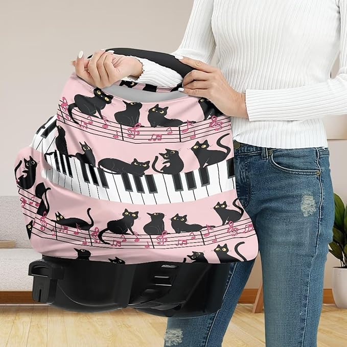 AFPANQZ Black Cat Piano Stretchy Baby Car Seat Covers for Boys Girls Infant Car Canopy Spring Autumn Winter Snug Warm Breathable Windproof Open Peep Top Universal Fit