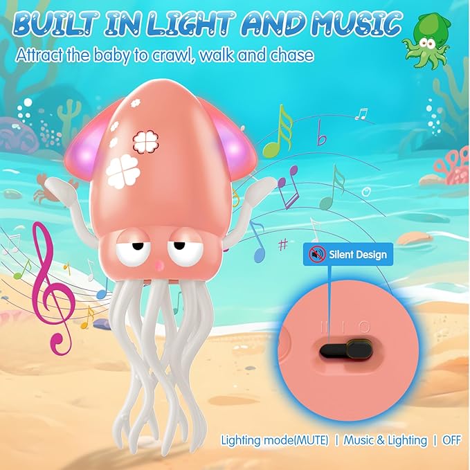 AOTIBO Baby Dancing Octopus Toy for 1 2 3 4 5 Year Old Boy Girl, Baby Tummy Time Electric Crawling Octopus Toys 12-18 Months, Dancing Squid Toy for Walking Toddlers, Kids 1st Birthday Gifts, Pink